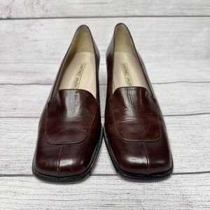 Martinez Valero Brown Leather Block Heel Square Toe Pumps Made in‎ Spain FLAW